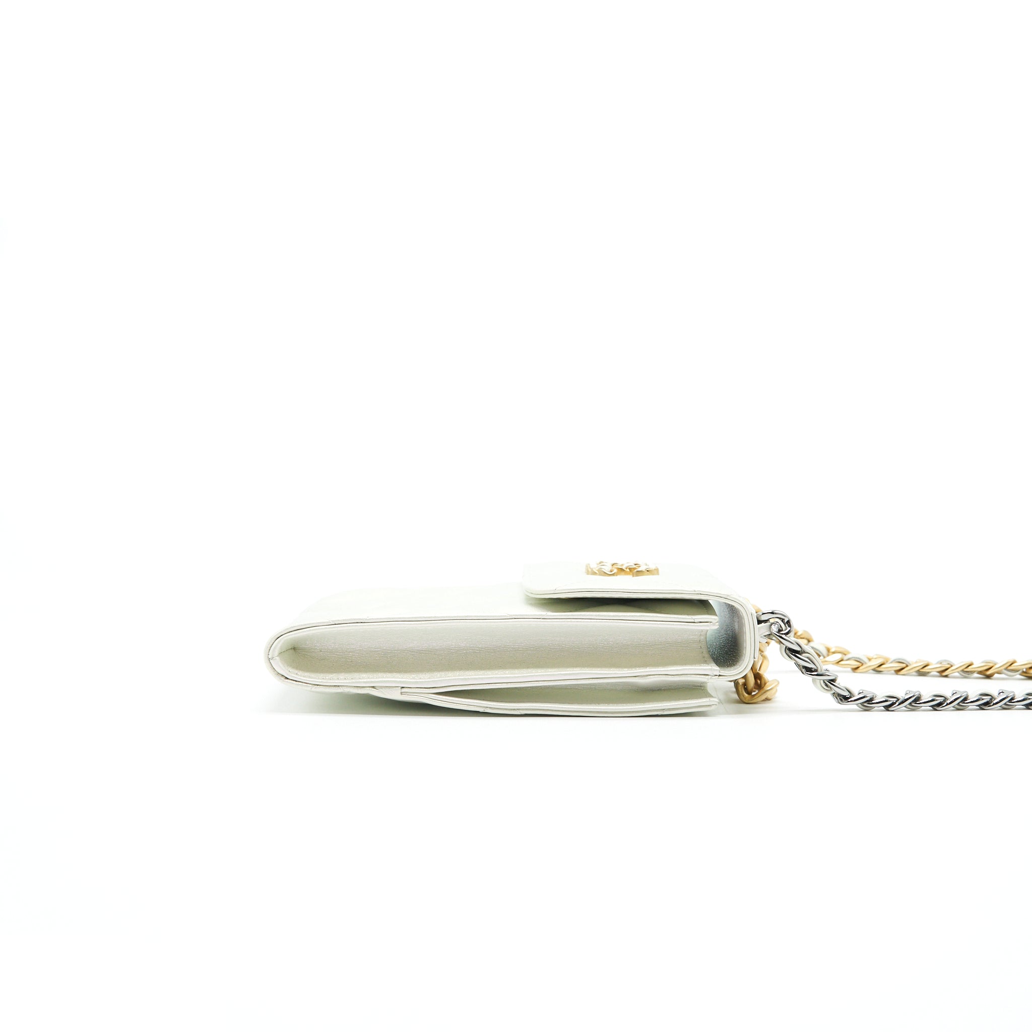 CHANEL 19 PHONE CASE WITH CHAIN IRIDESCENT WHITE