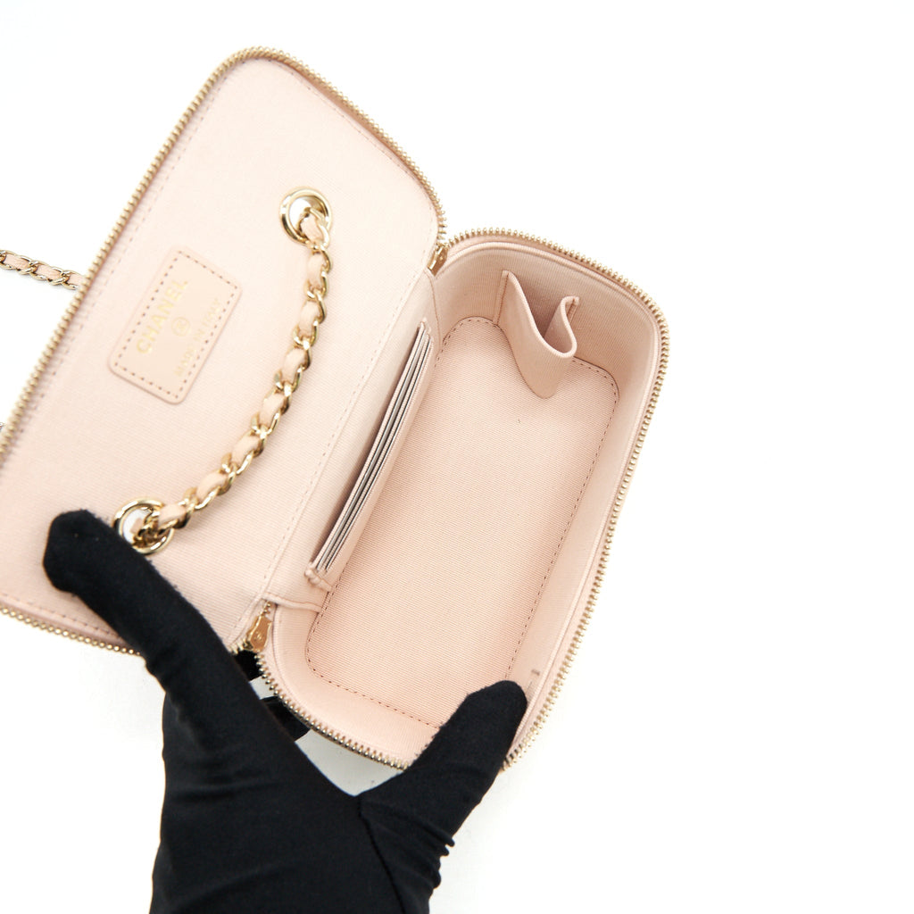 CHANEL 22C LONG VANITY WITH CHAIN CAVIAR LIGHT BEIGE LGHW