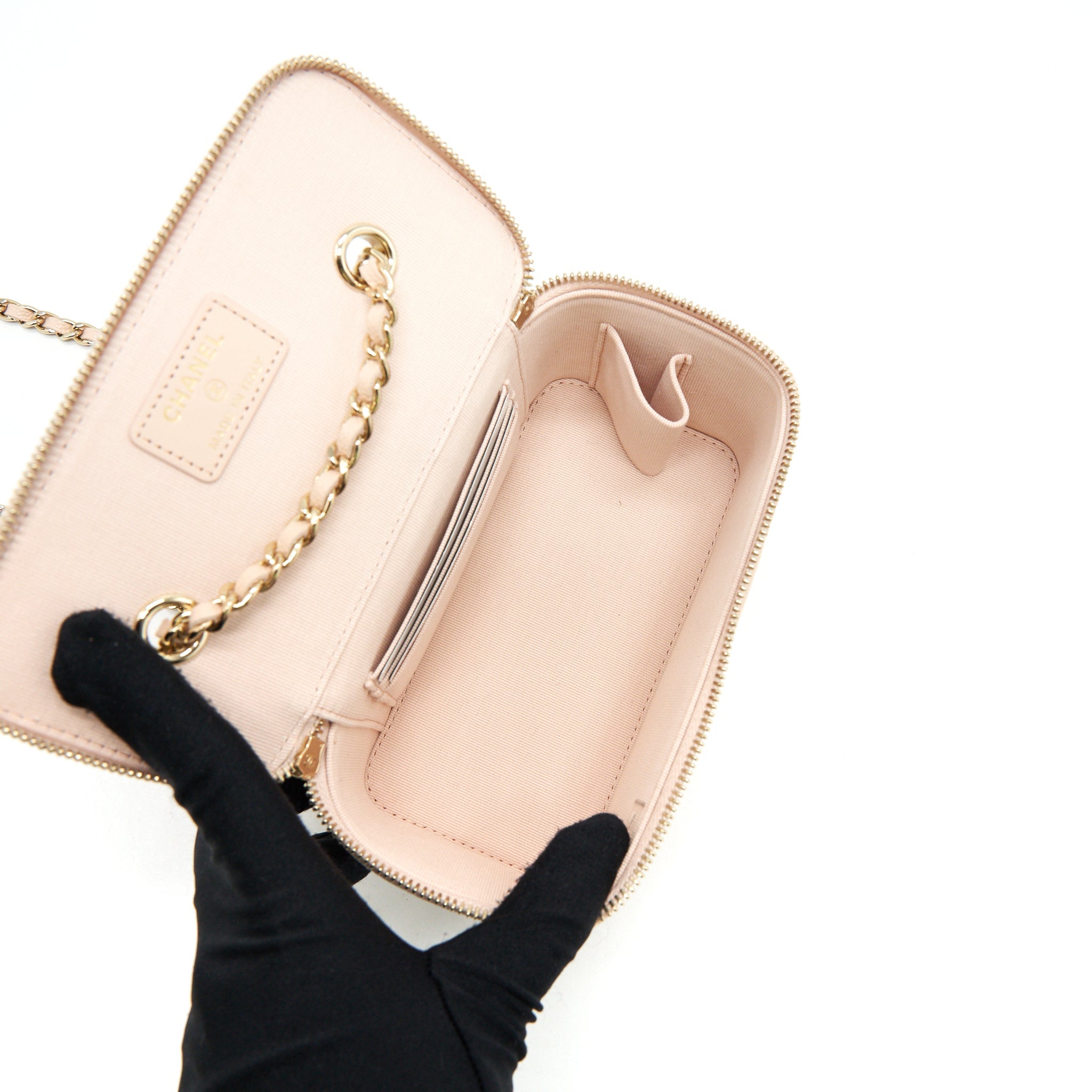 CHANEL 22C LONG VANITY WITH CHAIN CAVIAR BEIGE LGHW