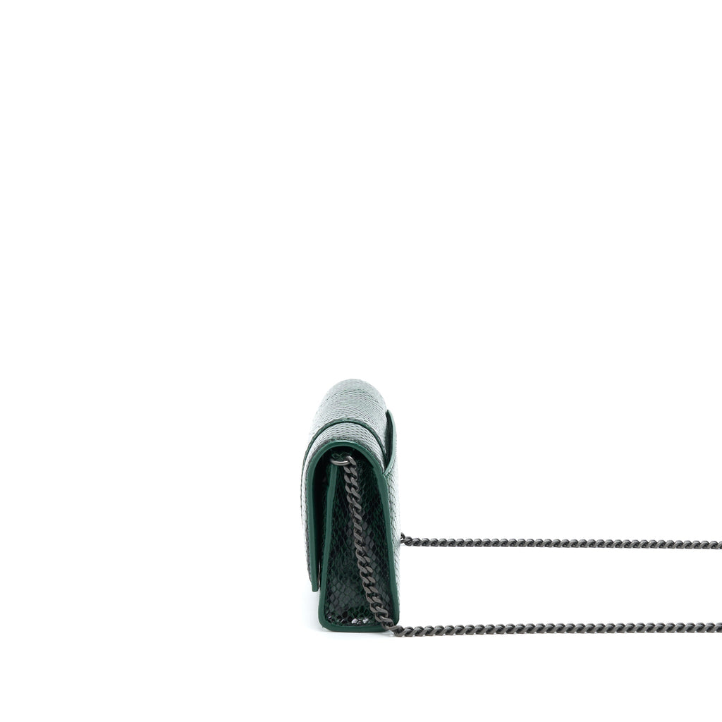BALENCIAGA HOURGLASS WALLET WITH CHAIN PYTHON EMBOSSED CALFSKIN BLACK/ DARK GREEN