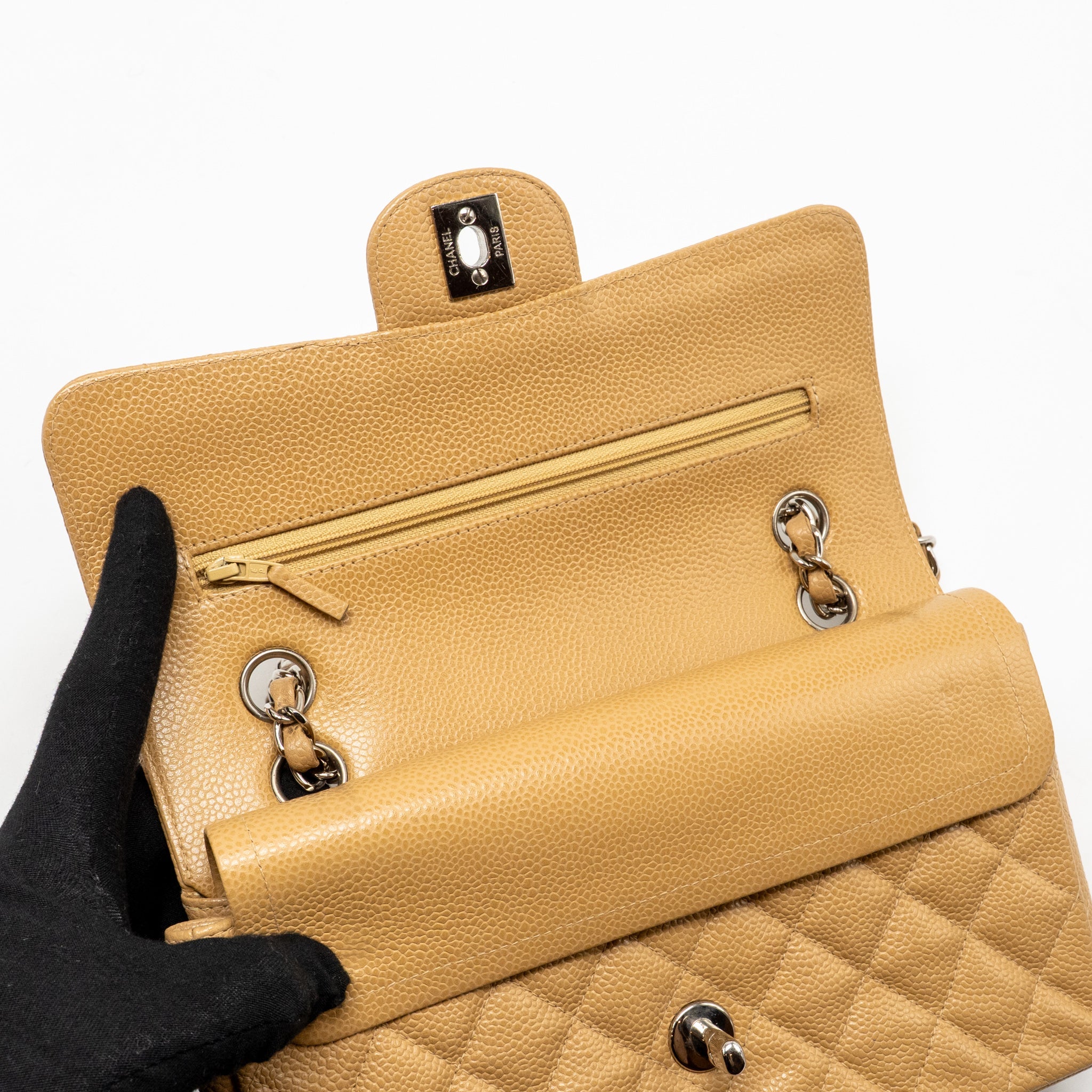 CHANEL SMALL CLASSIC DOUBLE FLAP BAG CAVIAR BEIGE SHW