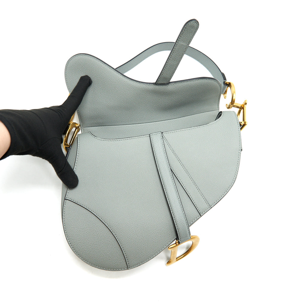 DIOR MEDIUM SADDLE BAG GRAINED CALFSKIN GREY WITH DIOR CANVAS SHOULDER STRAP