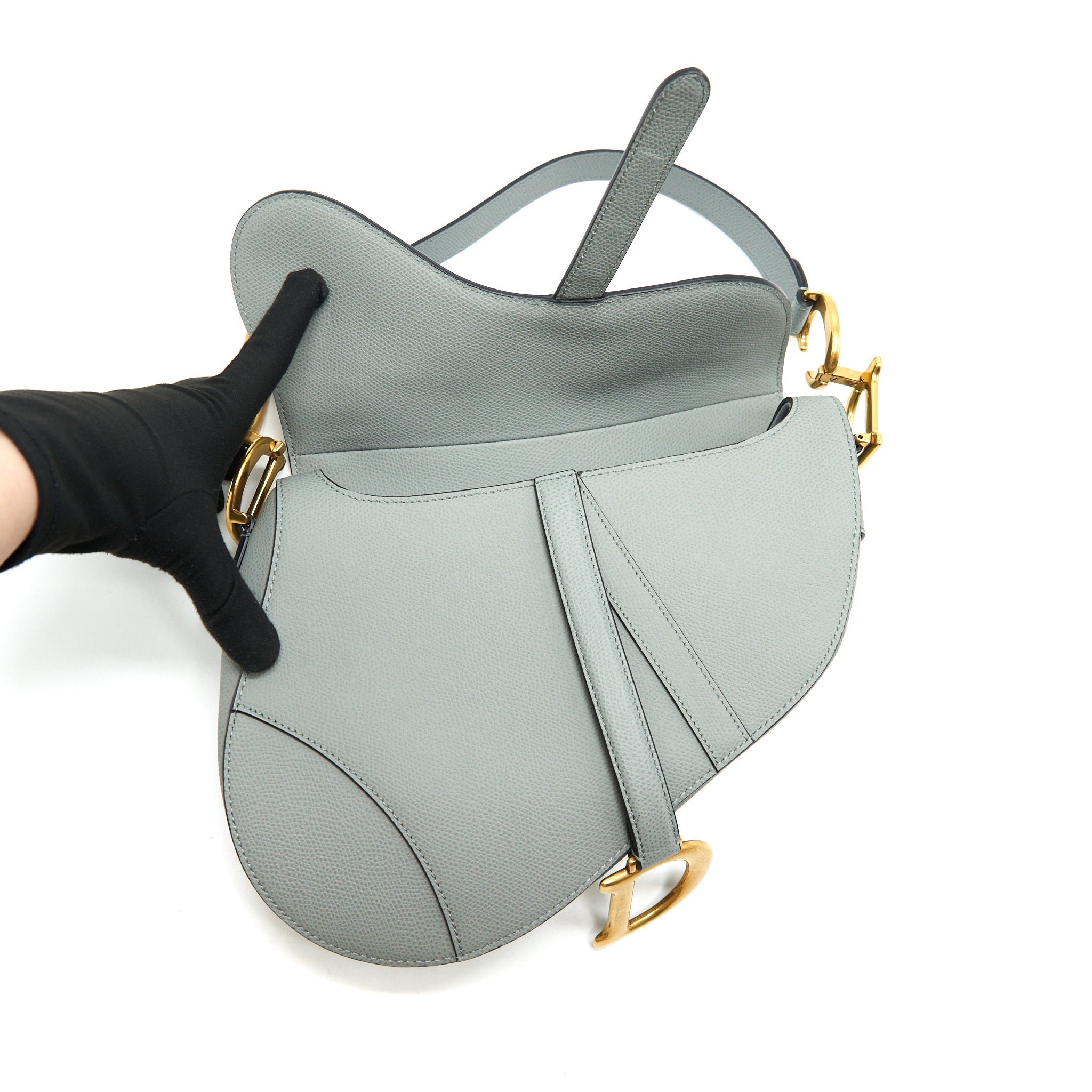 DIOR MEDIUM SADDLE BAG GRAINED CALFSKIN GREY WITH DIOR CANVAS SHOULDER STRAP