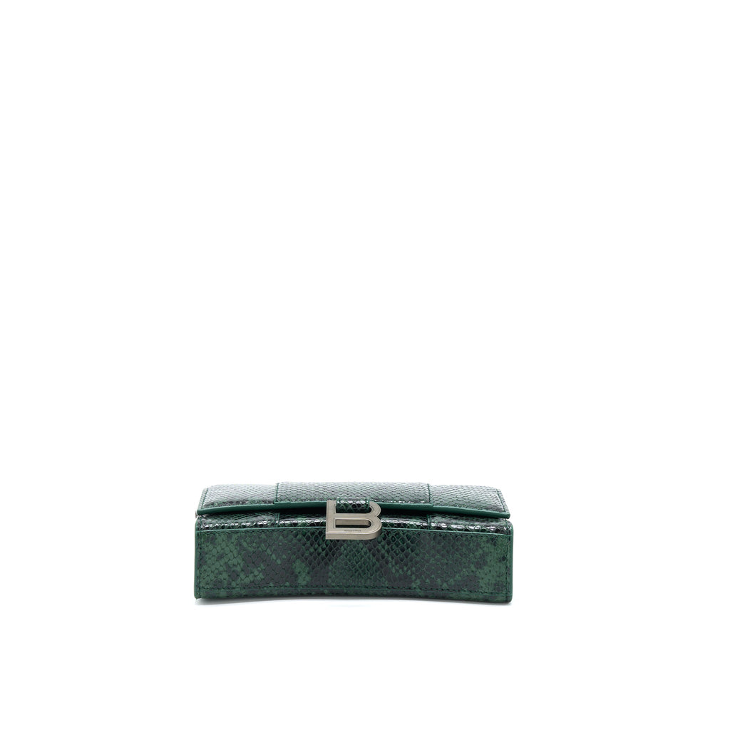 BALENCIAGA HOURGLASS WALLET WITH CHAIN PYTHON EMBOSSED CALFSKIN BLACK/ DARK GREEN