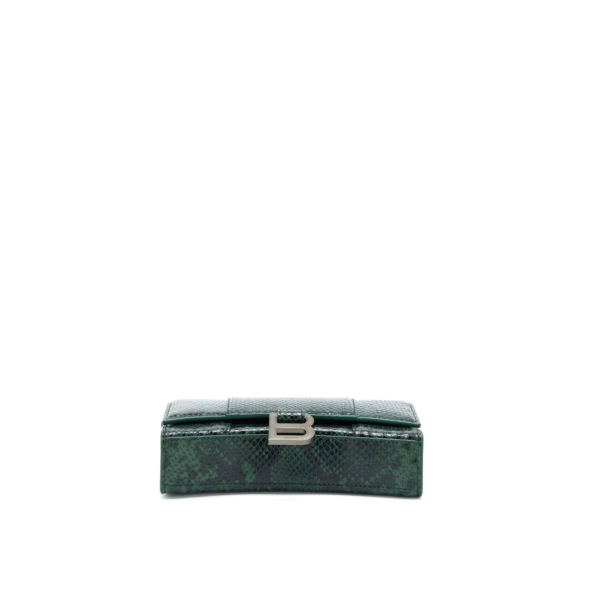 BALENCIAGA HOURGLASS WALLET WITH CHAIN PYTHON EMBOSSED CALFSKIN BLACK/ DARK GREEN