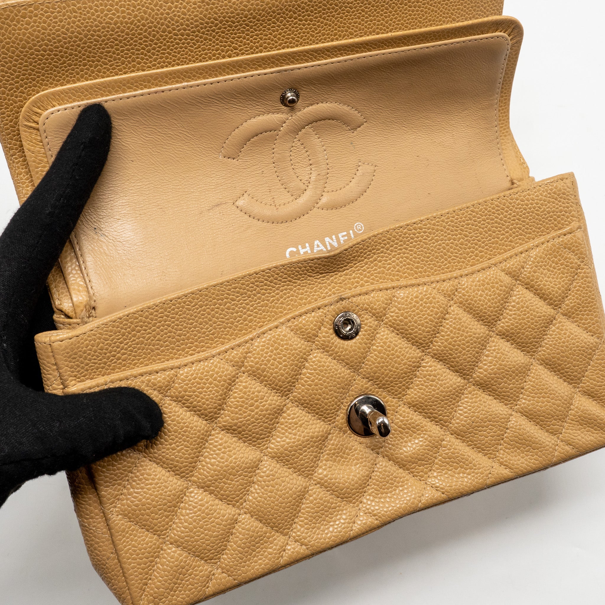 CHANEL SMALL CLASSIC DOUBLE FLAP BAG CAVIAR BEIGE SHW