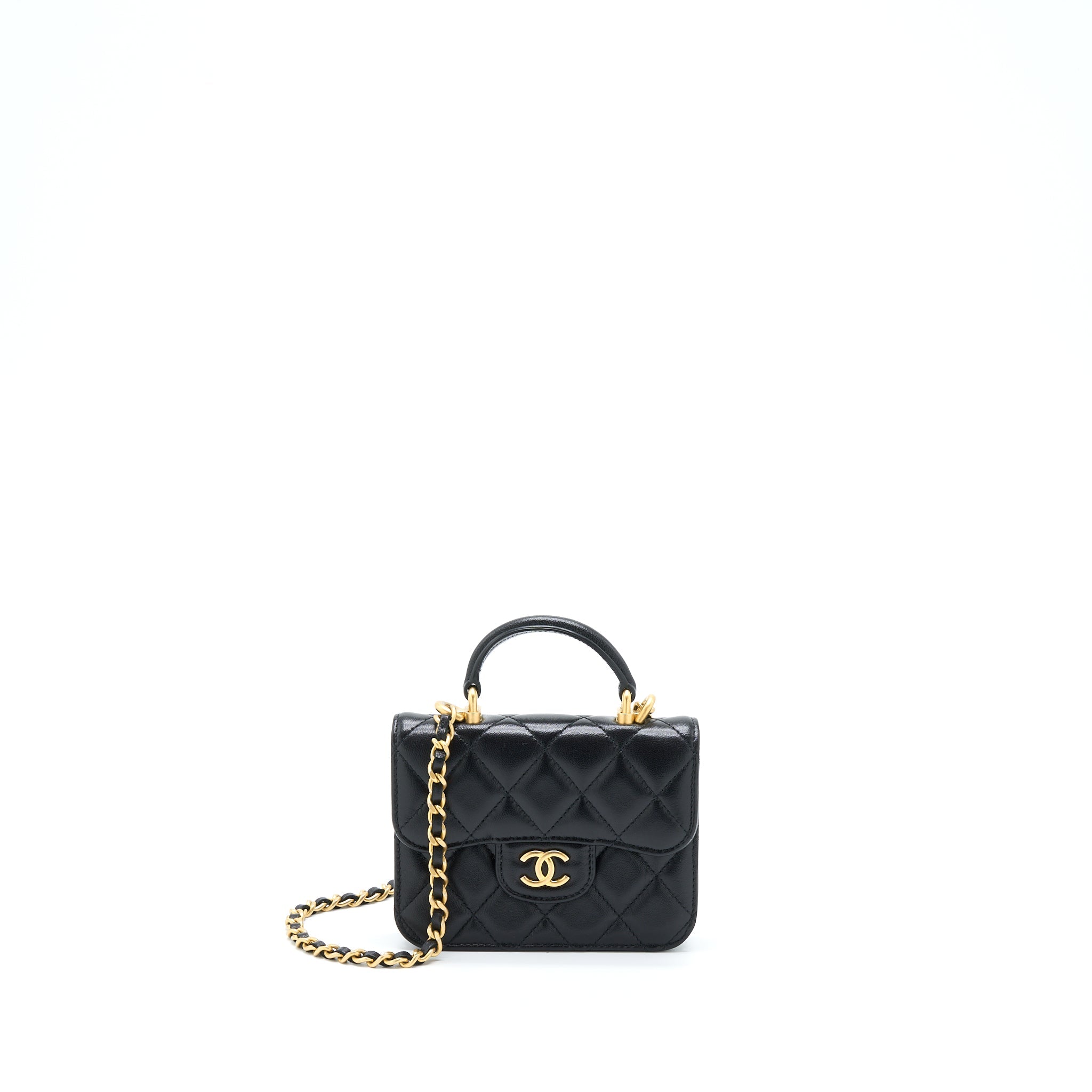 CHANEL TOP HANDLE MINI FLAP CARD HOLDER LAMBSKIN BLACK GHW