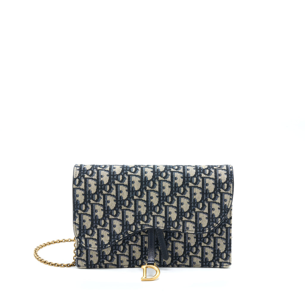 DIOR SADDLE POUCH WITH CHAIN BLUE DIOR OBLIQUE JACQUARD GHW