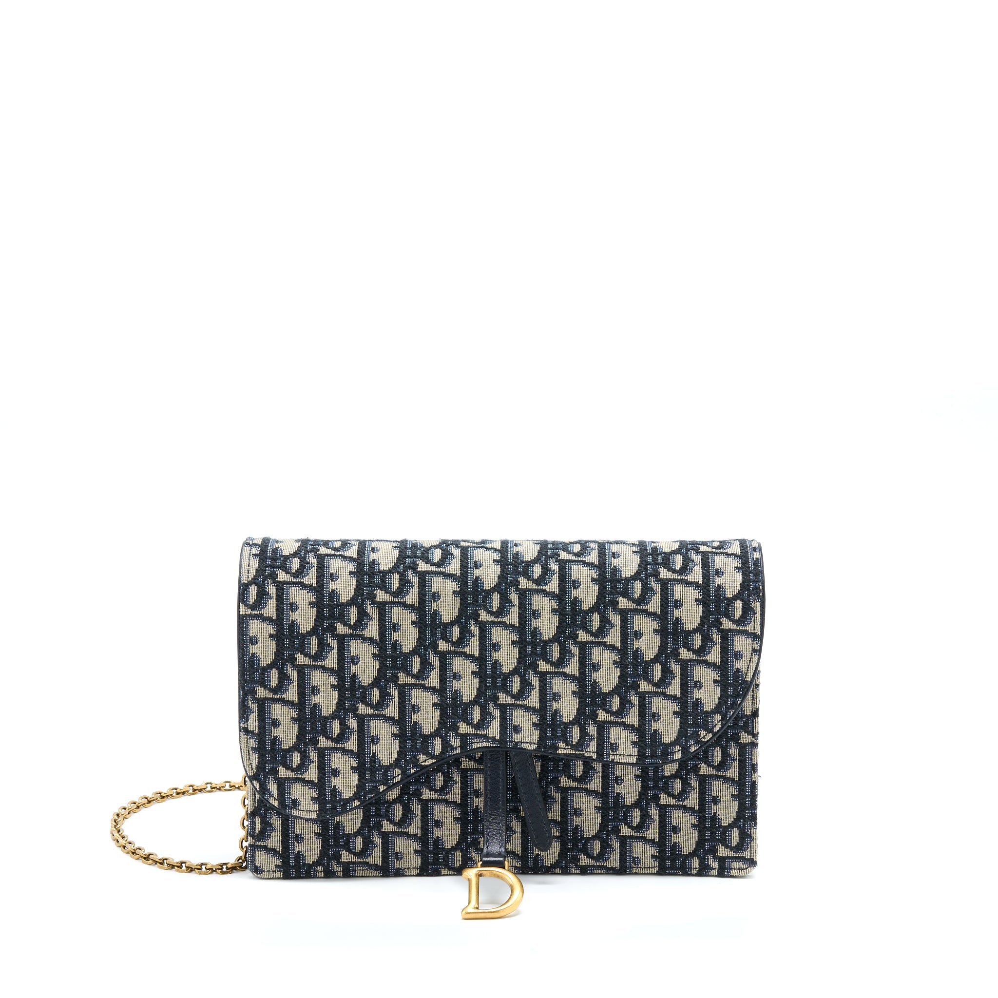 DIOR SADDLE POUCH WITH CHAIN BLUE DIOR OBLIQUE JACQUARD GHW