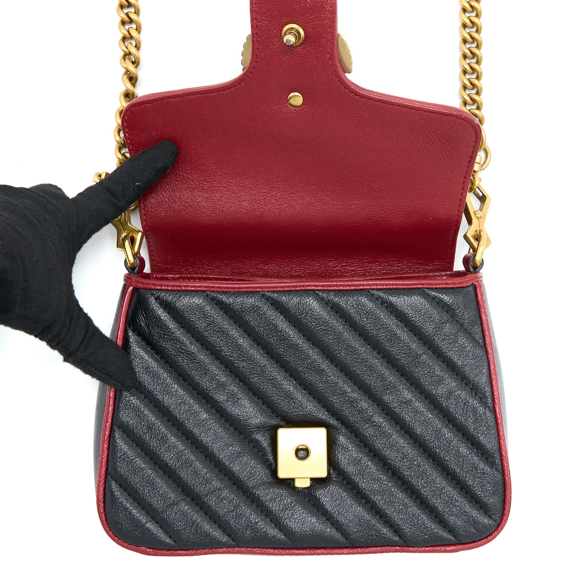 GUCCI GG MARMONT MINI TOP HANDLE BAG CALFSKIN BLACK/RED GHW