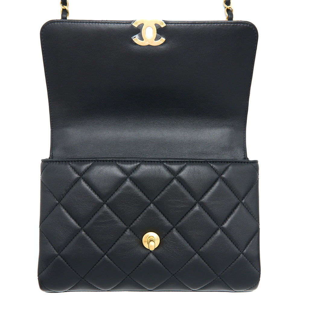 CHANEL 22S LETTER/CRYSTAL HANDLE FLAP BAG LAMBSKIN BLACK BRUSHED GHW(MICROCHIP)