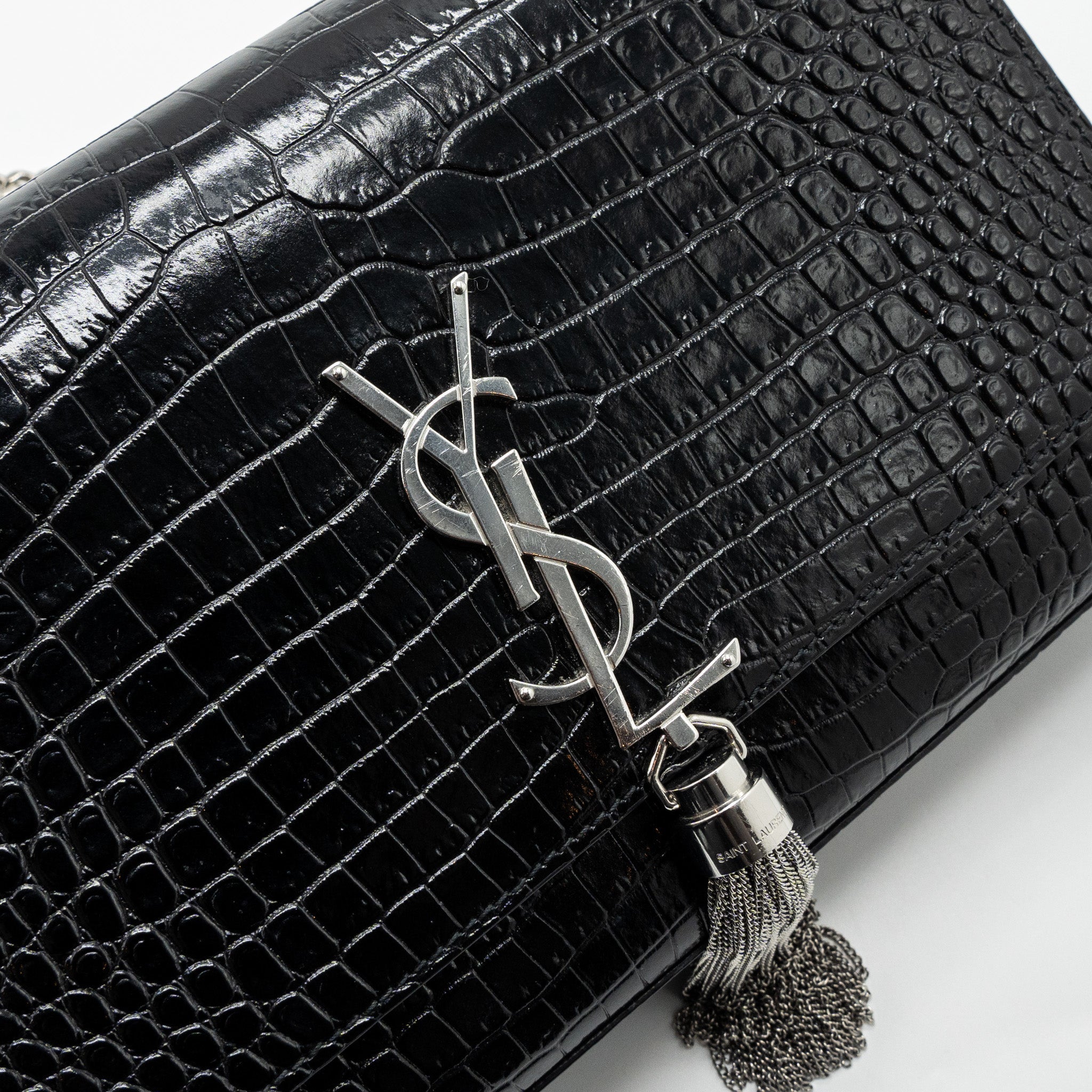 SAINT LAURENT/YSL KATE TASSEL CROC-EMBOSSED CALFSKIN BLACK SH