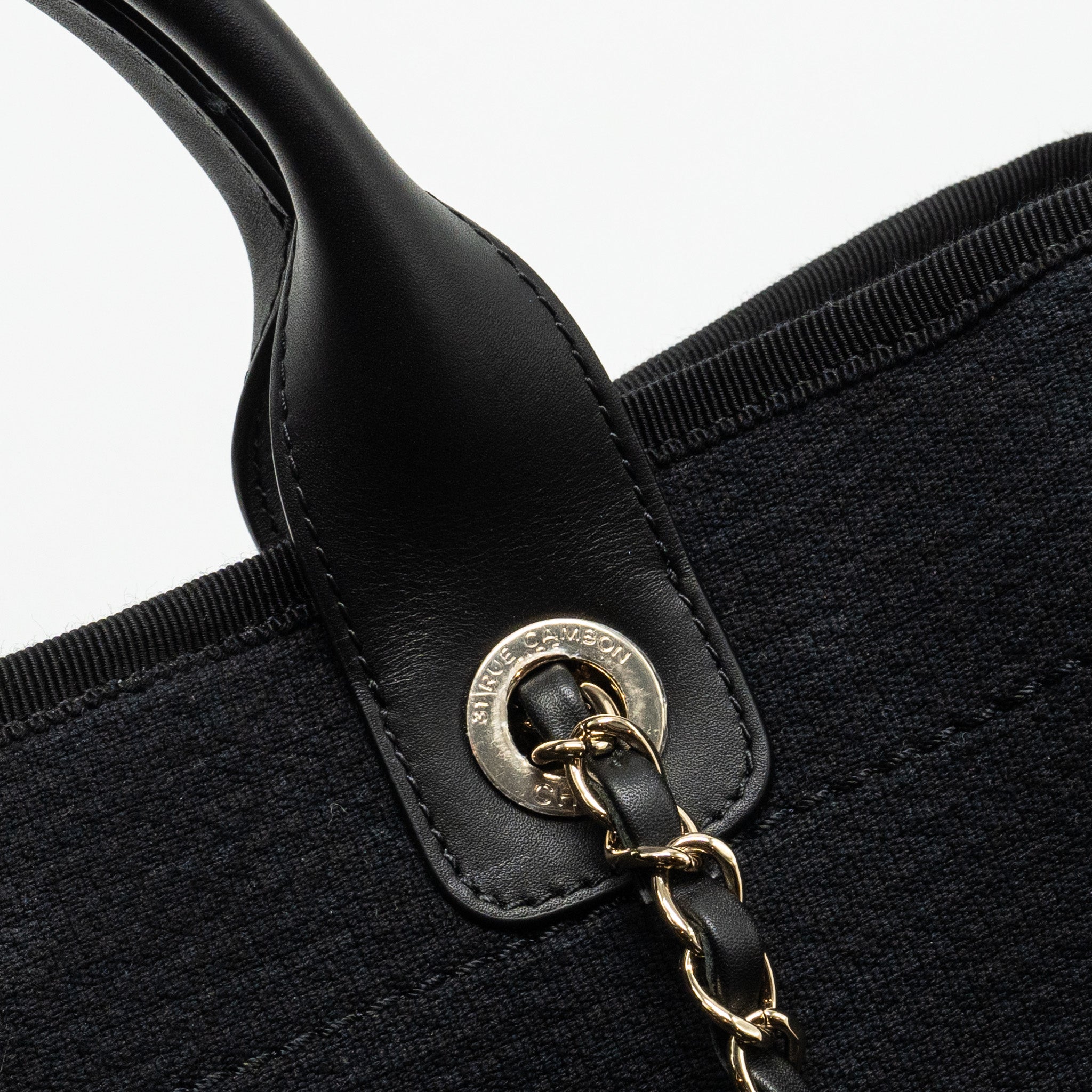 CHANEL SMALL DEAUVILLE SHOPPING TOTE BAG CALFSKIN/FABRIC BLACK LGHW (MICROCHIP)