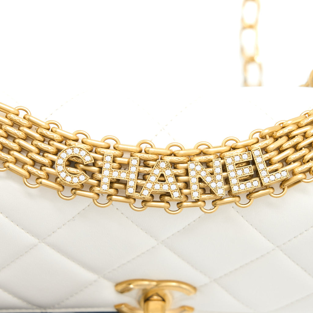 CHANEL QUILTED FLAP BAG WITH LETTER CHAIN LAMBSKIN WHITE GHW (MICROCHIP)