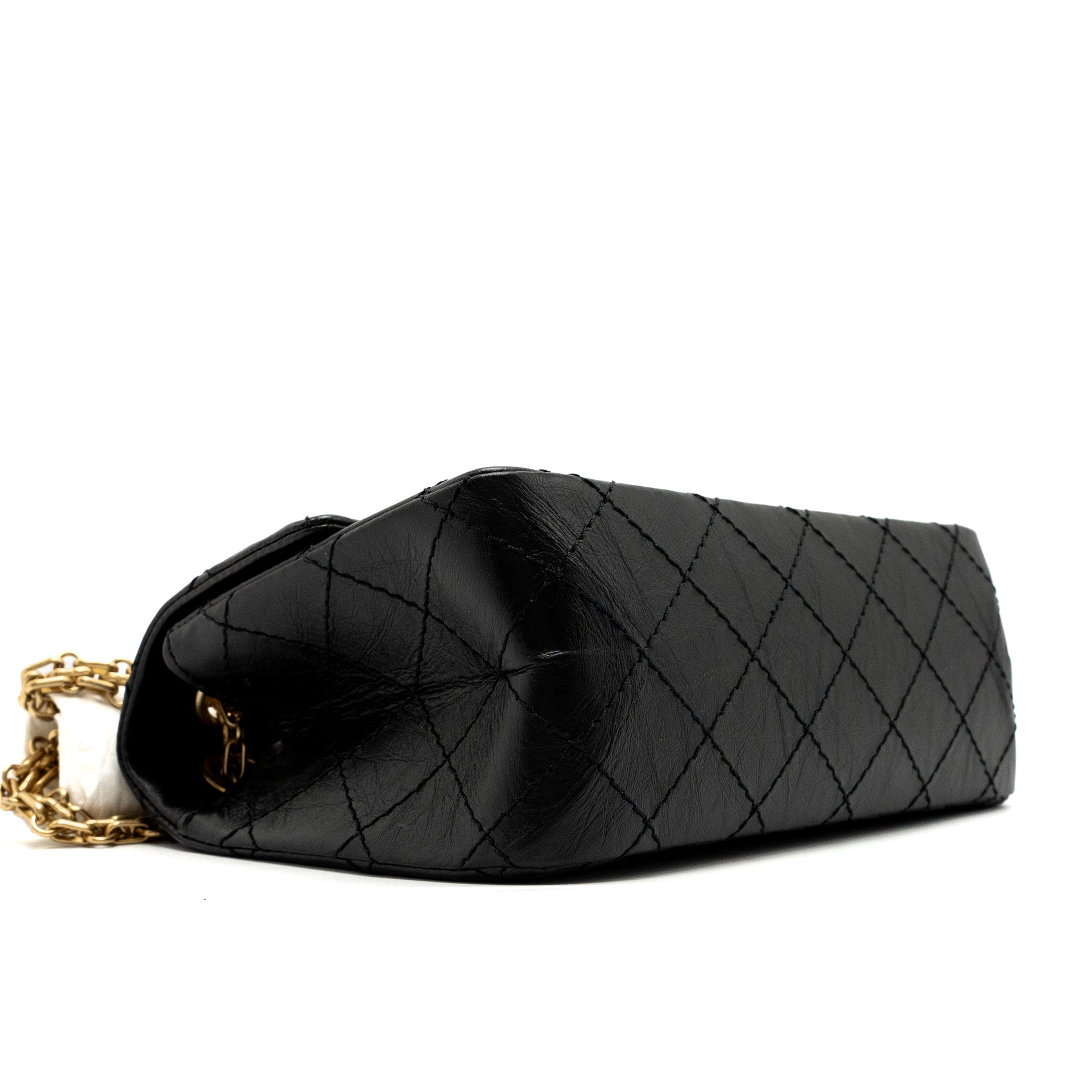 CHANEL MINI 2.55 REISSUE FLAP BAG AGED CALFSKIN BLACK BRUSHED GHW (MICROCHIP)