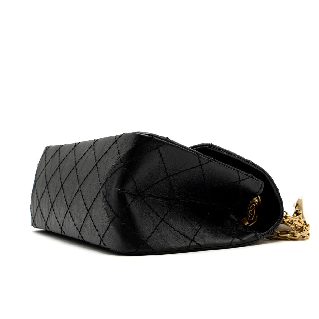CHANEL MINI 2.55 REISSUE FLAP BAG AGED CALFSKIN BLACK BRUSHED GHW (MICROCHIP)