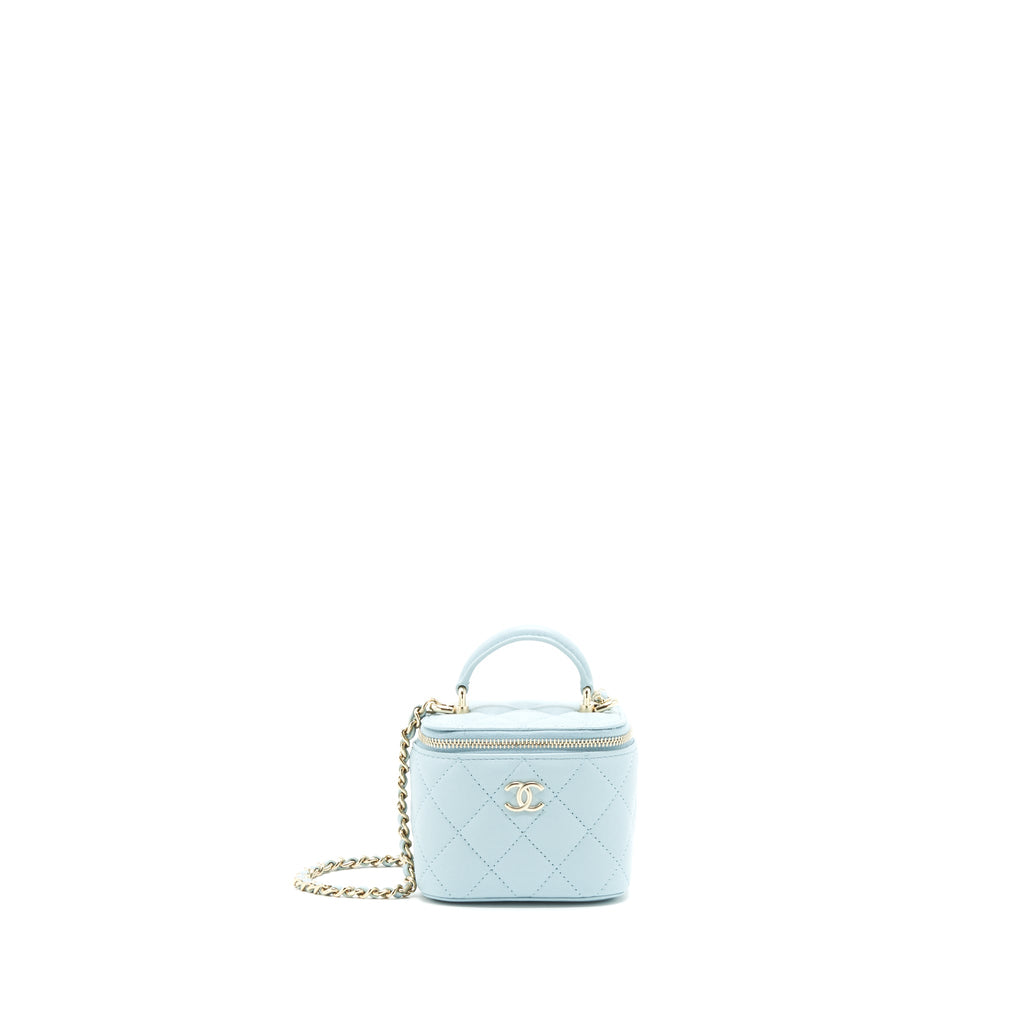 CHANEL 22P TOP HANDLE MINI VANITY WITH CHAIN LAMBSKIN LIGHT BLUE LGHW