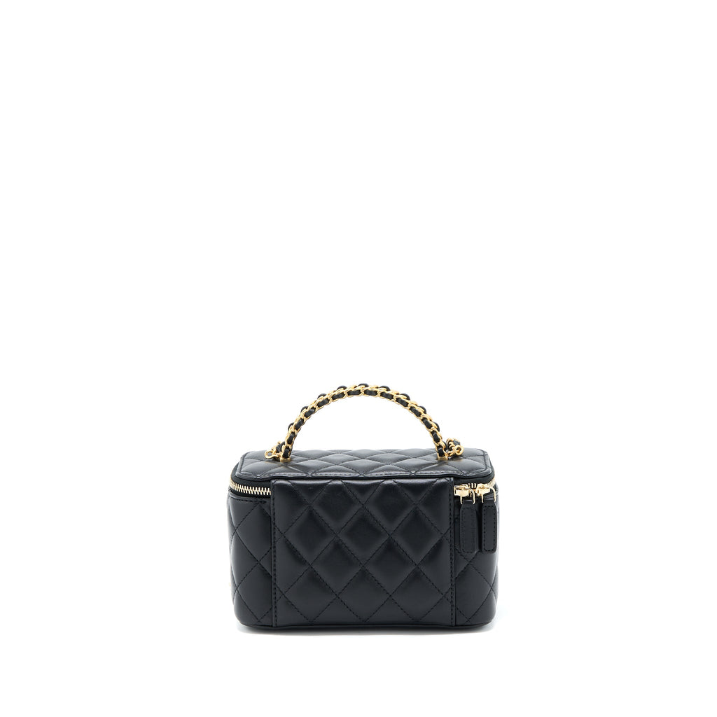 CHANEL 22K LEATHER CHAIN TOP HANDLE LONG VANITY CASE LAMBSKIN BLACK BRUSHED GHW