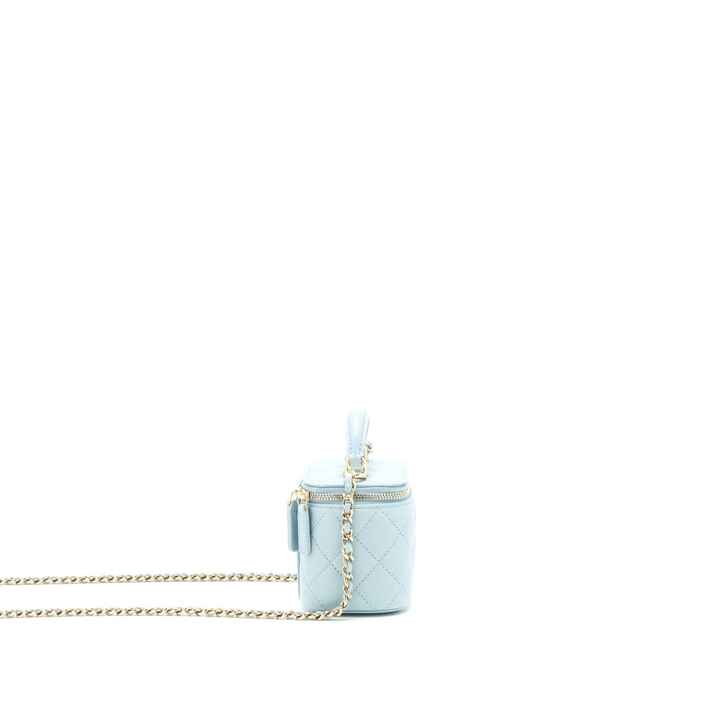 CHANEL 22P TOP HANDLE MINI VANITY WITH CHAIN LAMBSKIN LIGHT BLUE LGHW