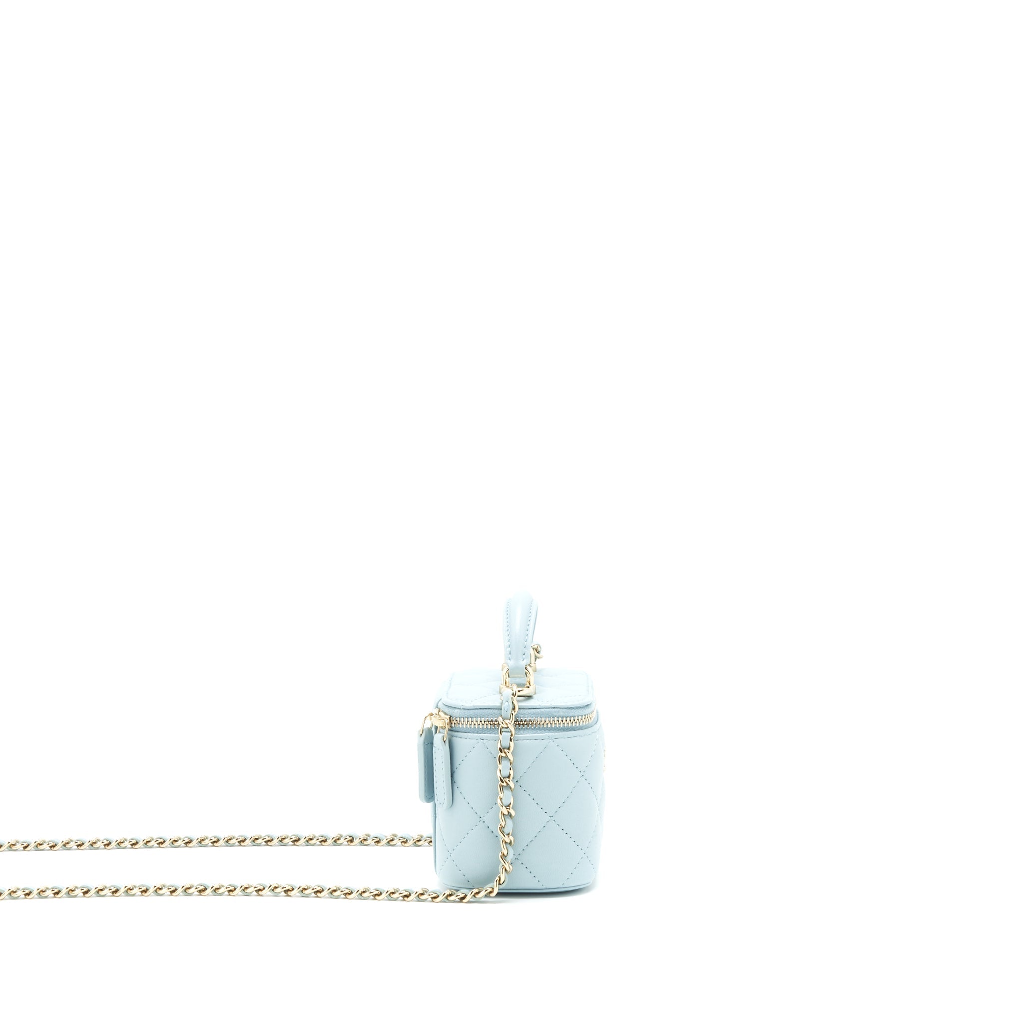CHANEL 22P TOP HANDLE MINI VANITY WITH CHAIN LAMBSKIN LIGHT BLUE LGHW