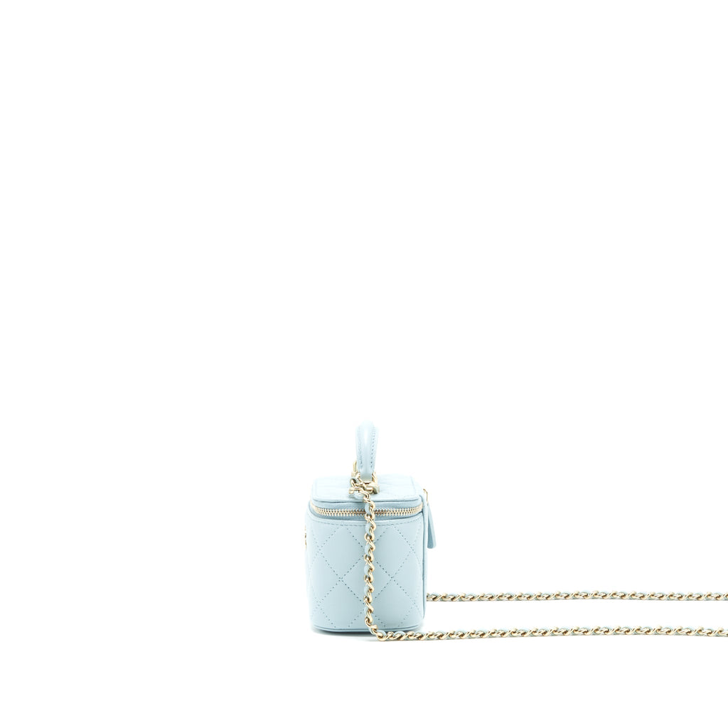 CHANEL 22P TOP HANDLE MINI VANITY WITH CHAIN LAMBSKIN LIGHT BLUE LGHW
