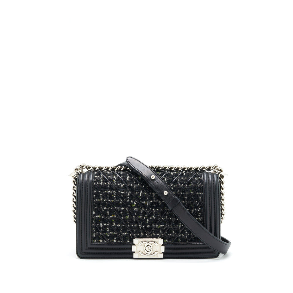 CHANEL BOY MEDIUM TWEED/LAMBSKIN BLACK SHW