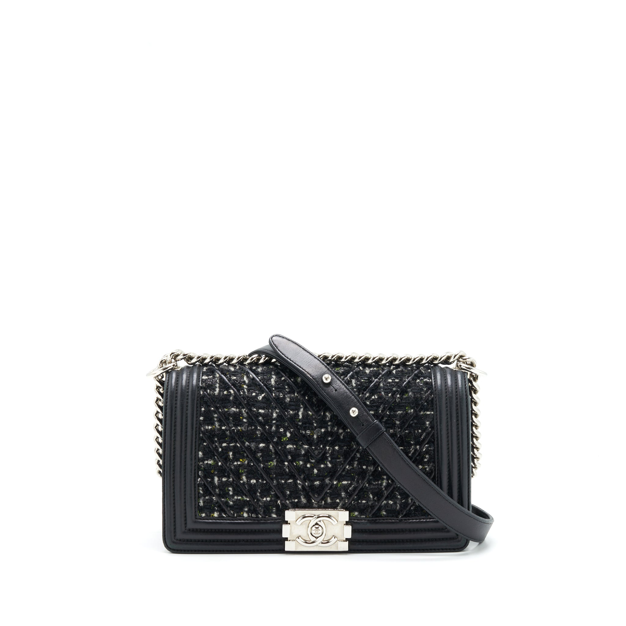 CHANEL BOY MEDIUM TWEED/LAMBSKIN BLACK SHW