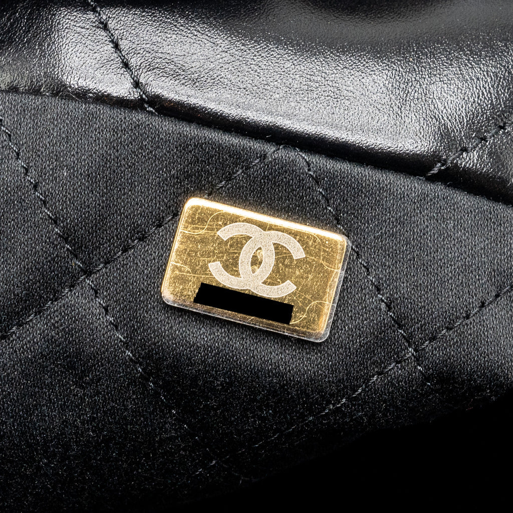 CHANEL SMALL 22 BAG GOLD LETTER SHINY CALFSKIN BLACK GHW (MICROCHIP)
