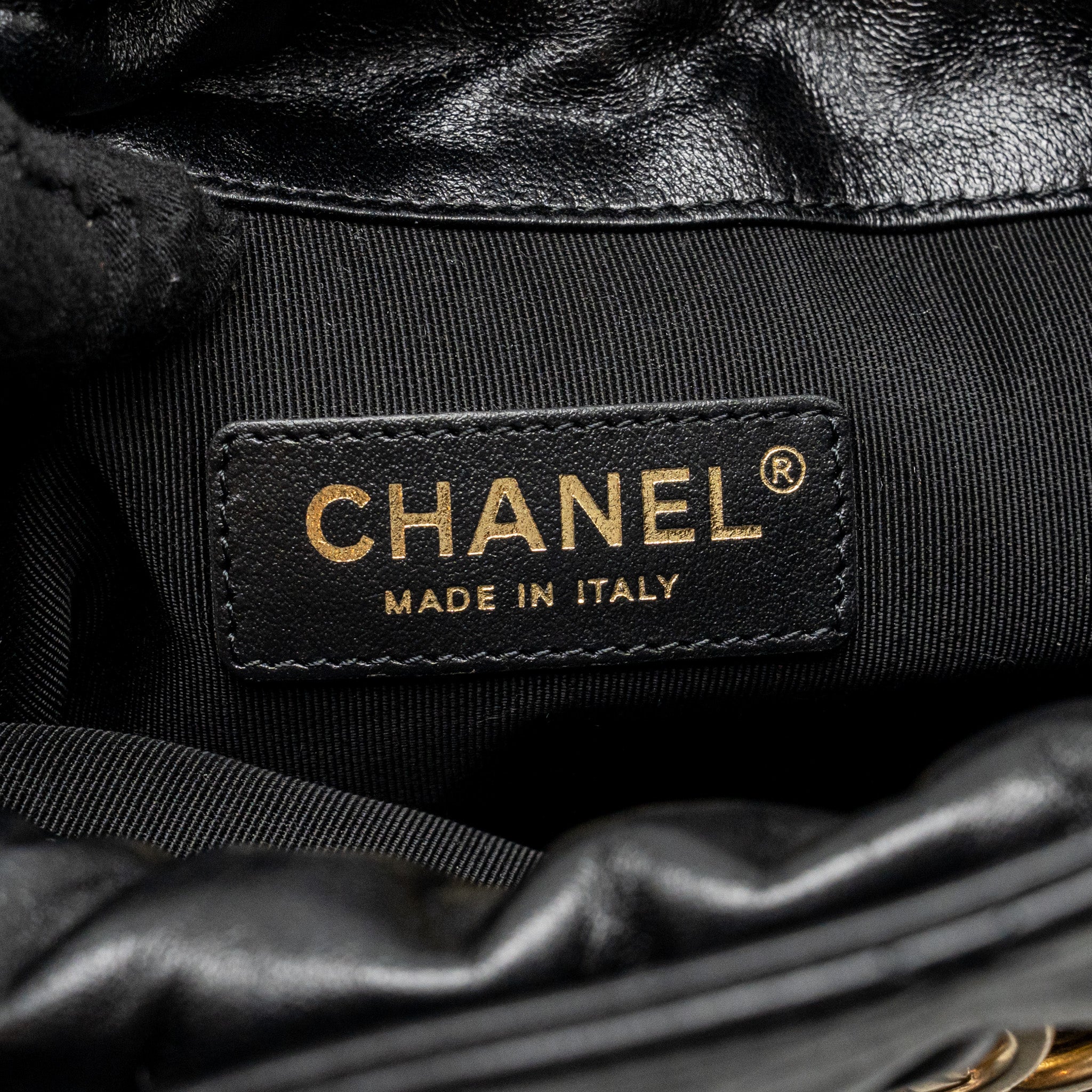 CHANEL SMALL DRAWSTRING TOTE BAG WITH CHAIN SHINY LAMBSKIN BLACK GHW