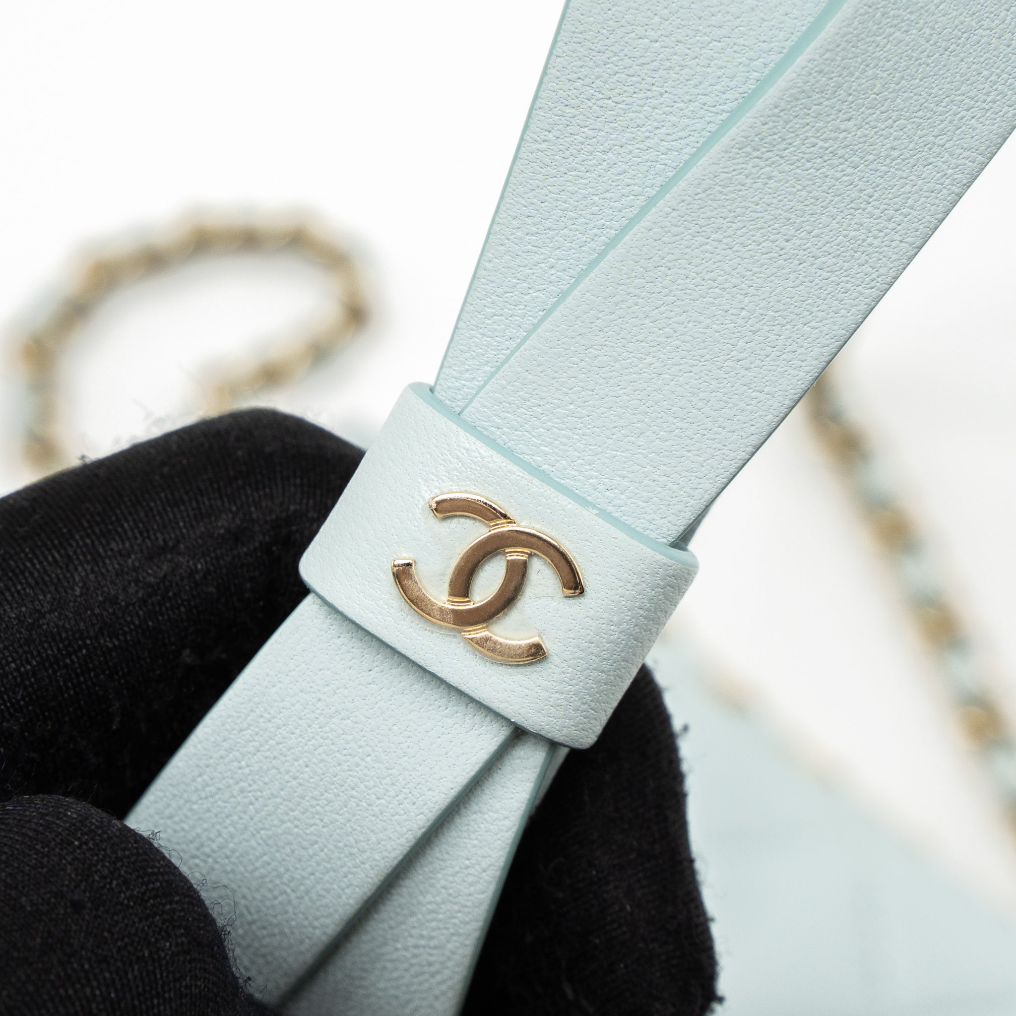 CHANEL MINI FLAP BAG RIBBON CHAINS LAMBSKIN LIGHT BLUE LGHW