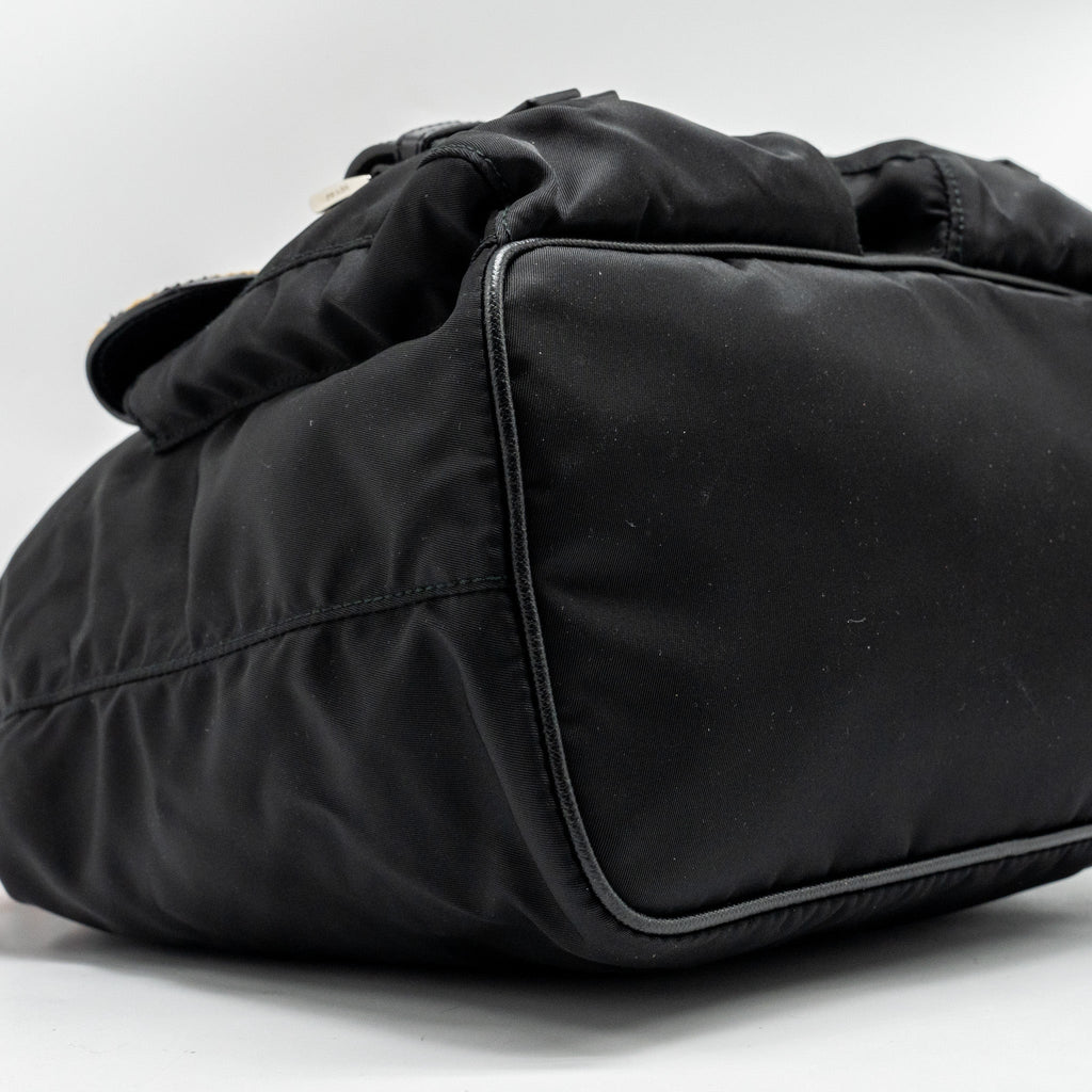 PRADA NYLON SHOULDER BAG WITH OSTRICH HANDLE BLACK / MULTICOLOUR SHW