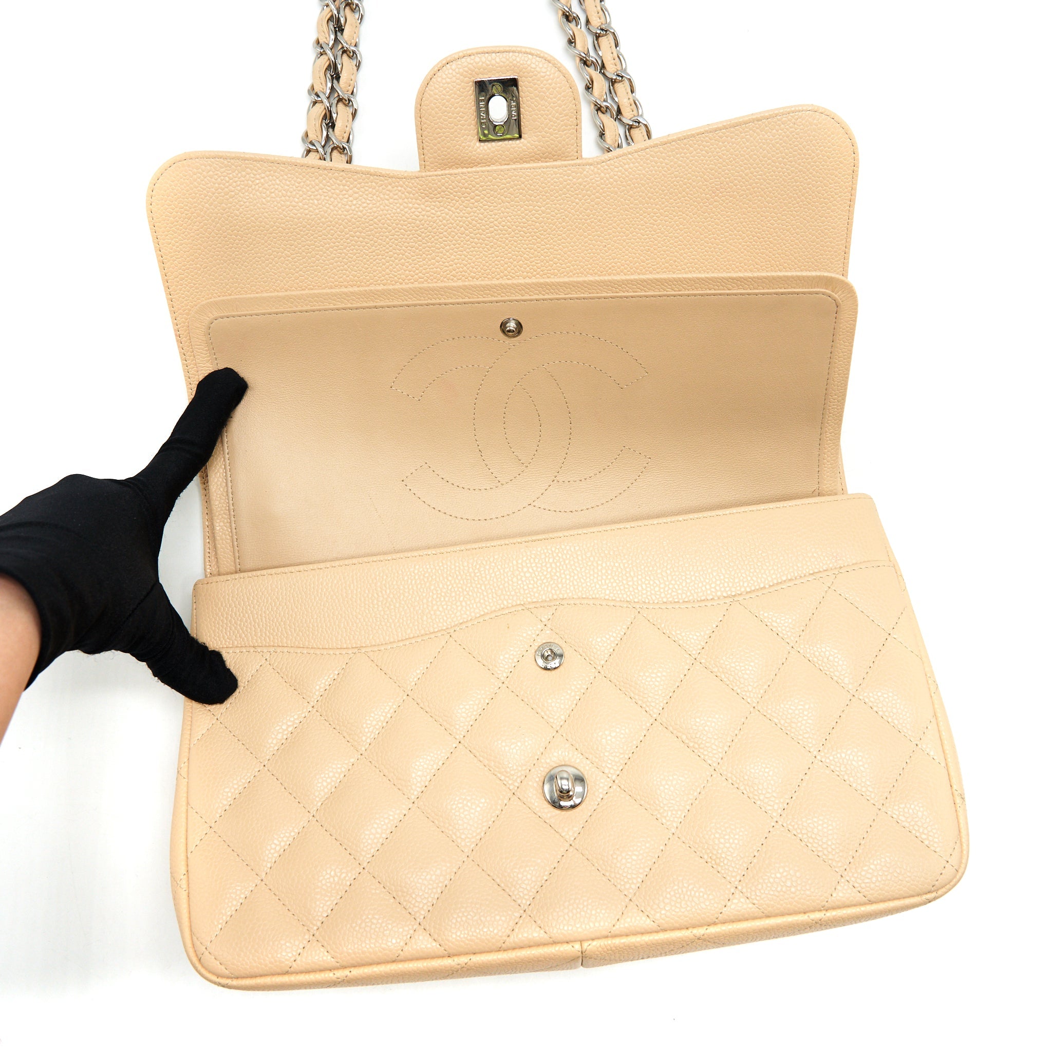 CHANEL CLASSIC JUMBO DOUBLE FLAP BAG CAVIAR BEIGE SHW