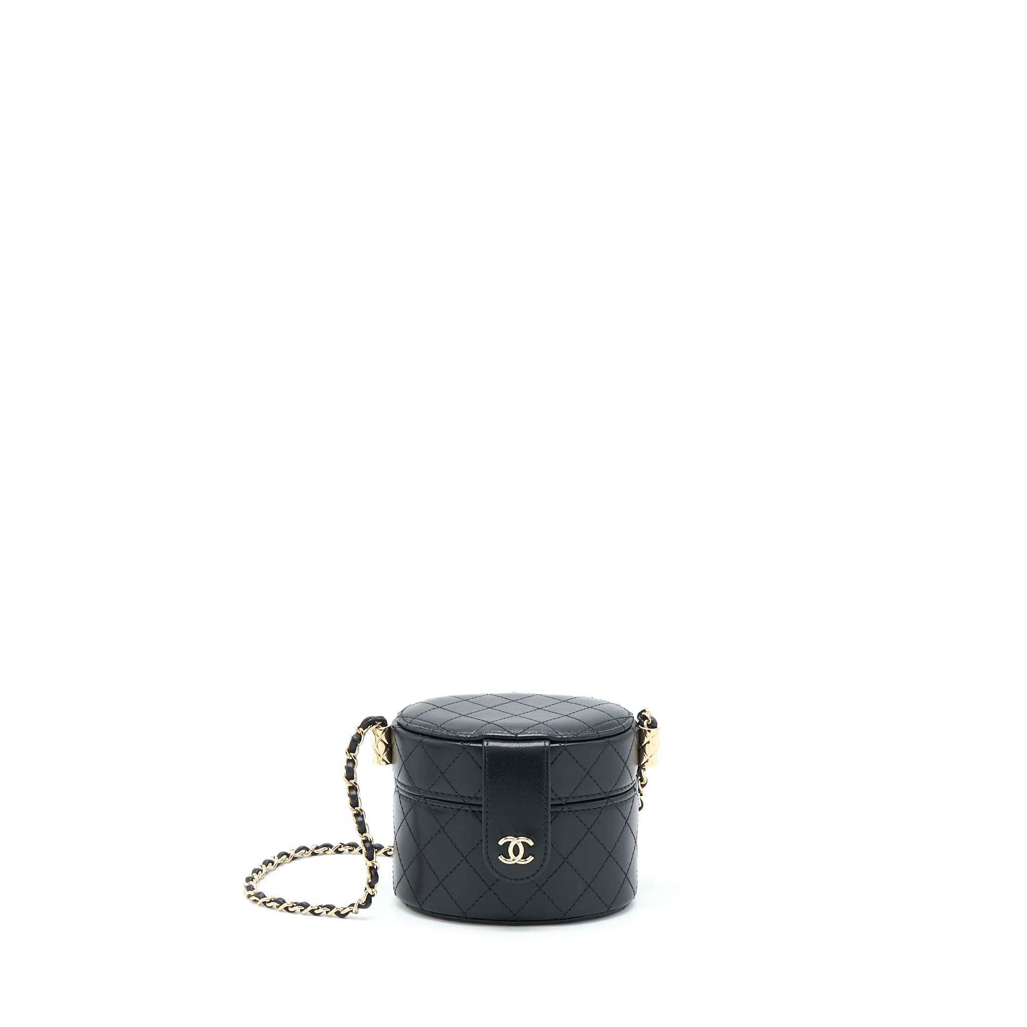 CHANEL MINI ROUND VANITY WITH CHAIN LAMBSKIN BLACK LGHW