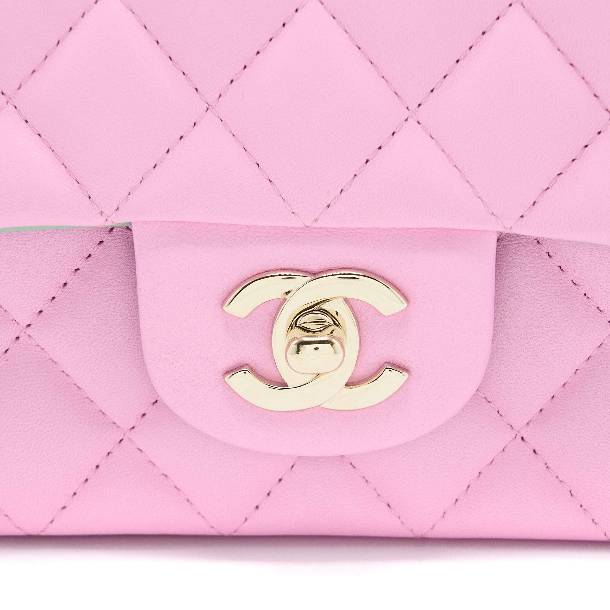 CHANEL TOP HANDLE MINI RECTANGULAR LAMBSKIN PINK/LIGHT GREEN LGHW (MICROCHIP)