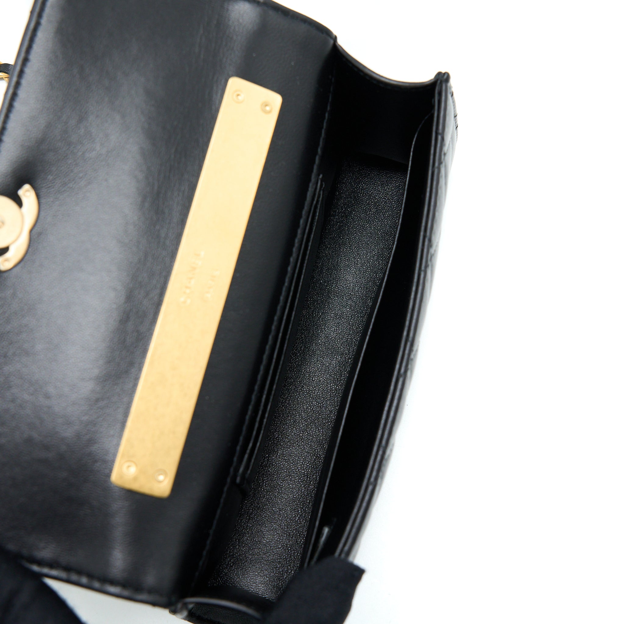 CHANEL 22B FLAP BAG WITH ENAMEL/CC LOGO TOP HANDLE LAMBSKIN BLACK BRUSHED GHW