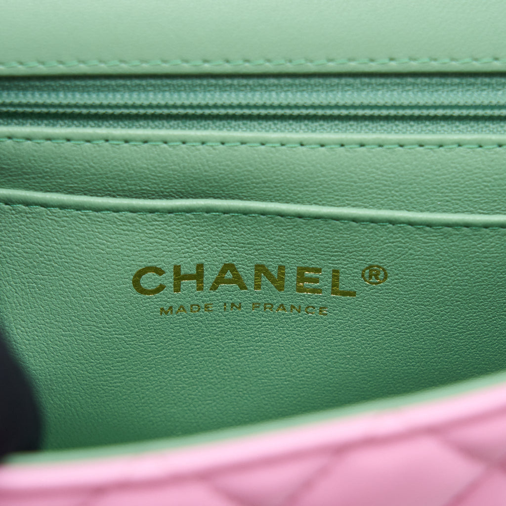 CHANEL TOP HANDLE MINI RECTANGULAR LAMBSKIN PINK/LIGHT GREEN LGHW (MICROCHIP)