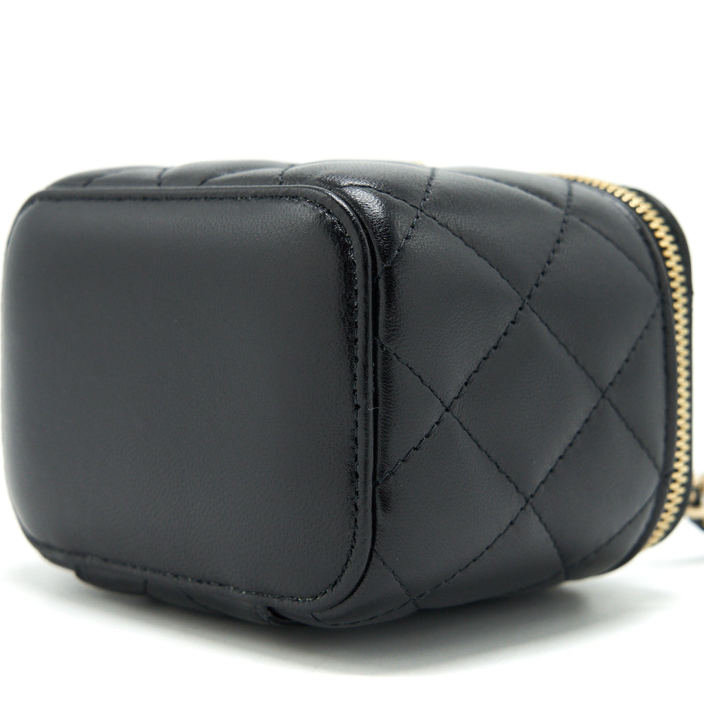 CHANEL MINI VANITY WITH CAMELLIA CHAIN LAMBSKIN BLACK LGHW