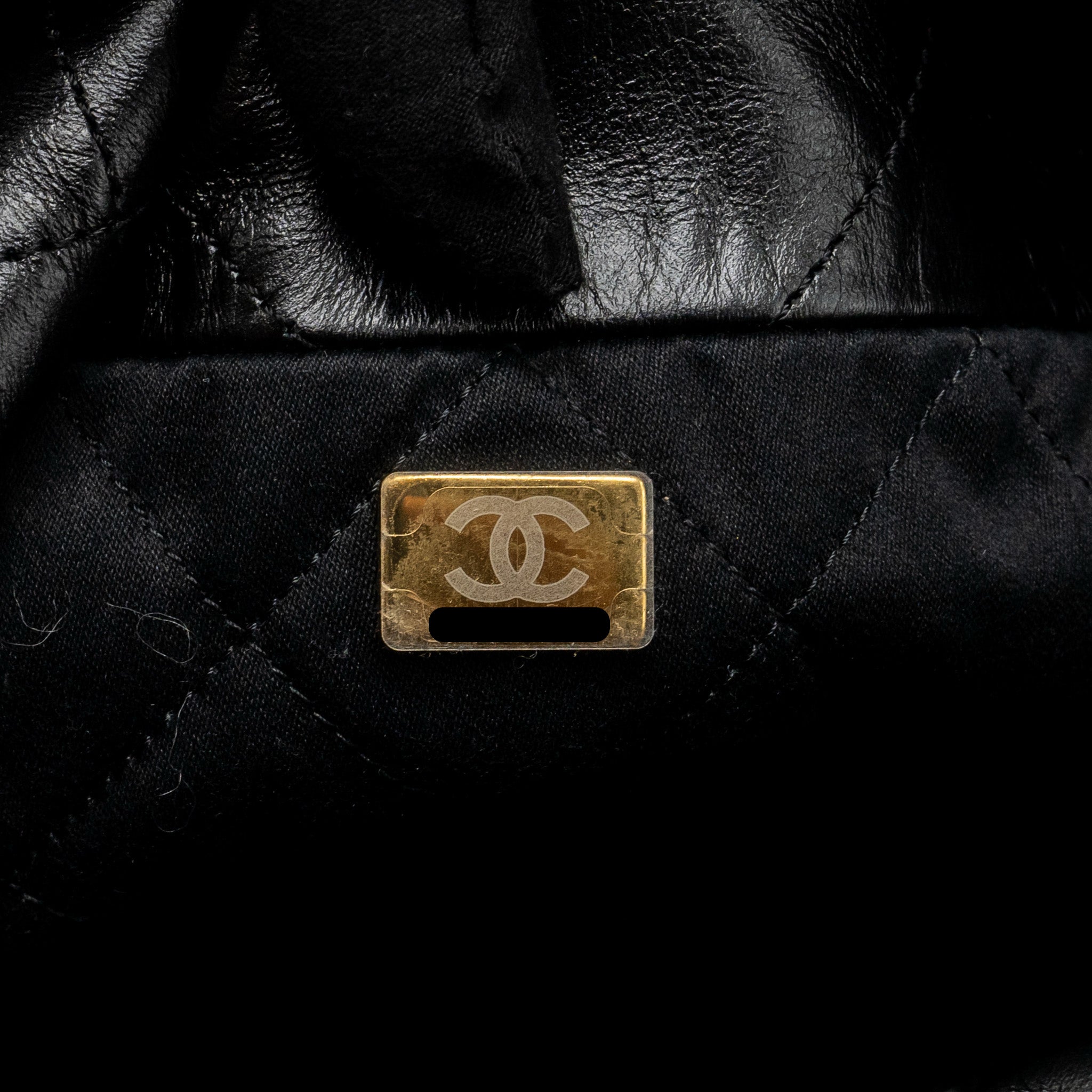 CHANEL SMALL 22 BAG GOLD LETTER CALFSKIN BLACK GHW (MICROCHIP)