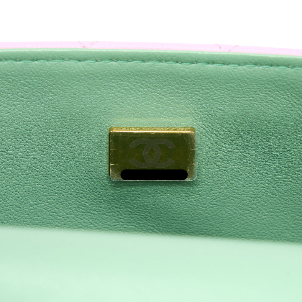 CHANEL TOP HANDLE MINI RECTANGULAR LAMBSKIN PINK/LIGHT GREEN LGHW (MICROCHIP)