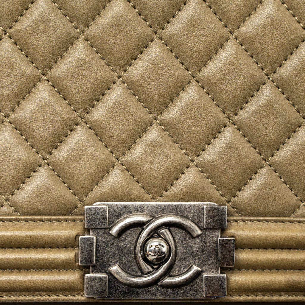 CHANEL MEDIUM BOY BAG LAMBSKIN KHAKI RUTHENIUM HARDWARE