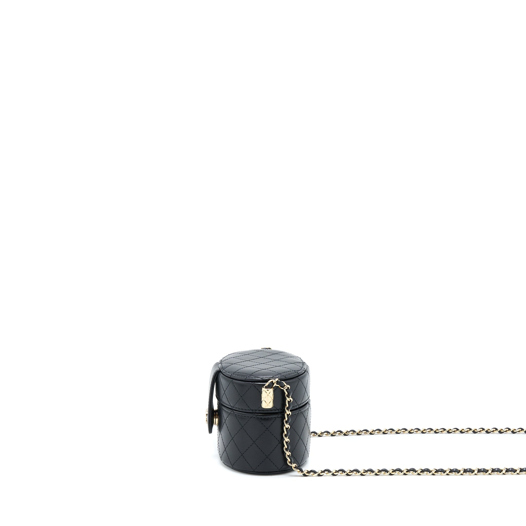 CHANEL MINI ROUND VANITY WITH CHAIN LAMBSKIN BLACK LGHW