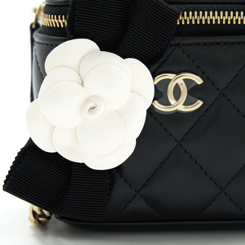 CHANEL MINI VANITY WITH CAMELLIA CHAIN LAMBSKIN BLACK LGHW