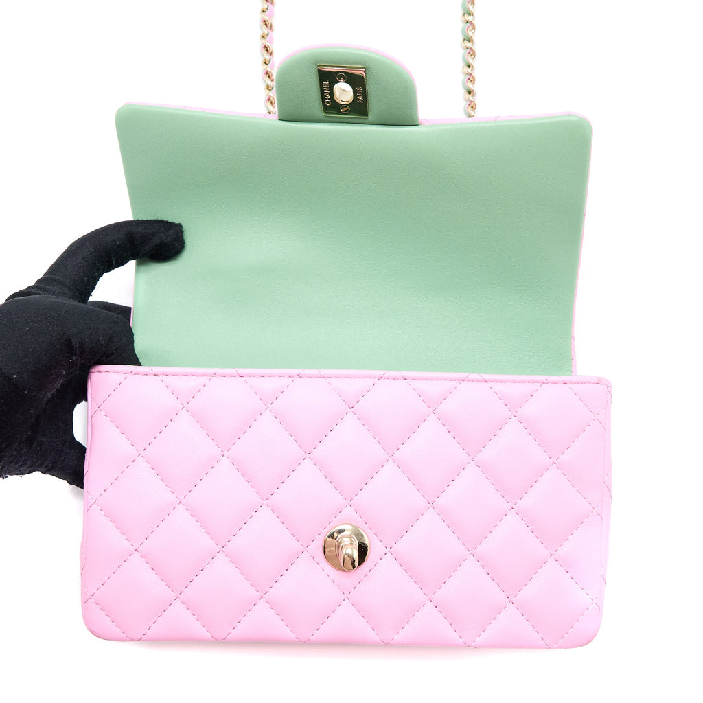 CHANEL TOP HANDLE MINI RECTANGULAR LAMBSKIN PINK/LIGHT GREEN LGHW (MICROCHIP)