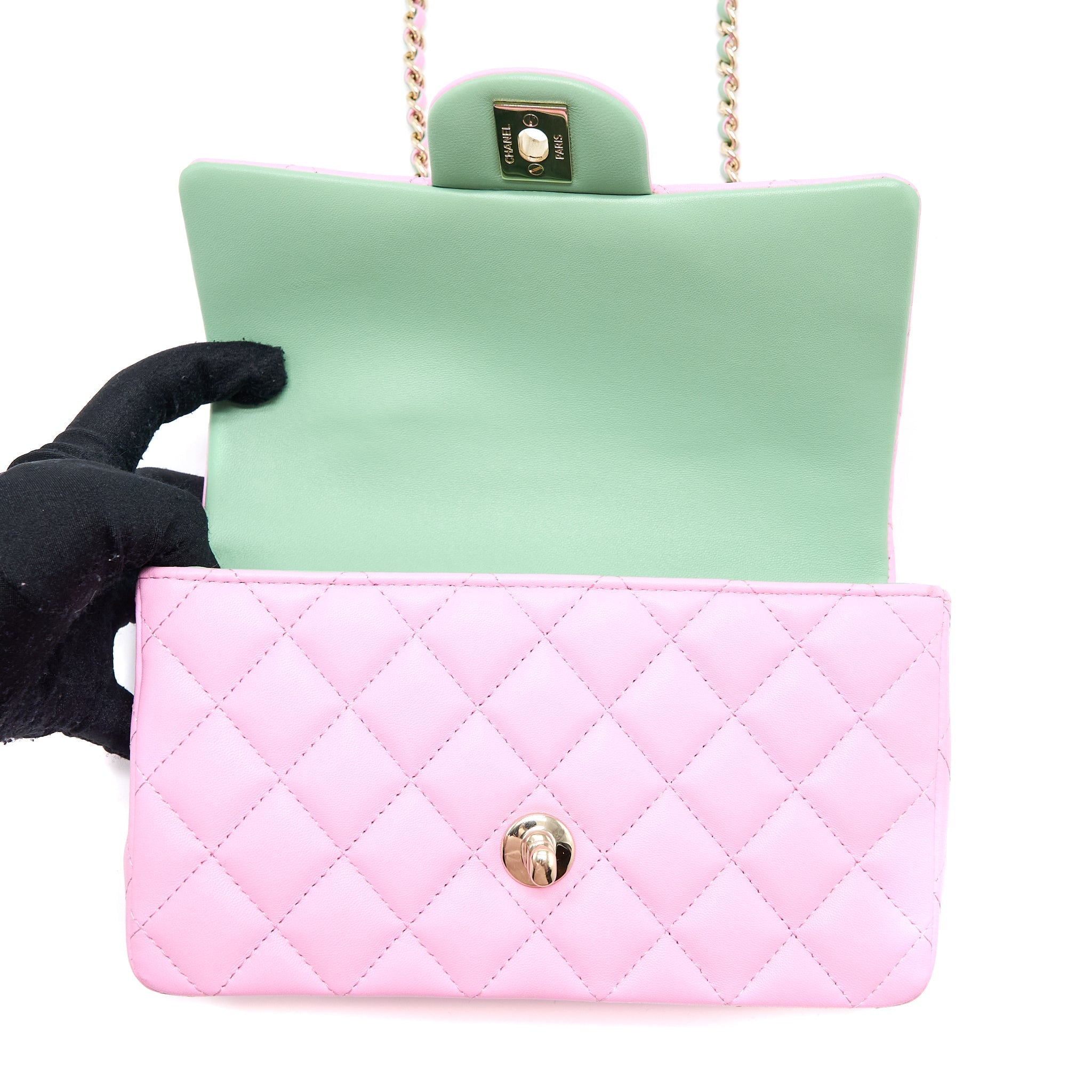 CHANEL TOP HANDLE MINI RECTANGULAR LAMBSKIN PINK/LIGHT GREEN LGHW (MICROCHIP)