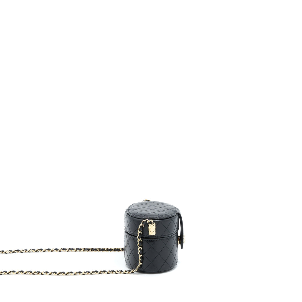 CHANEL MINI ROUND VANITY WITH CHAIN LAMBSKIN BLACK LGHW