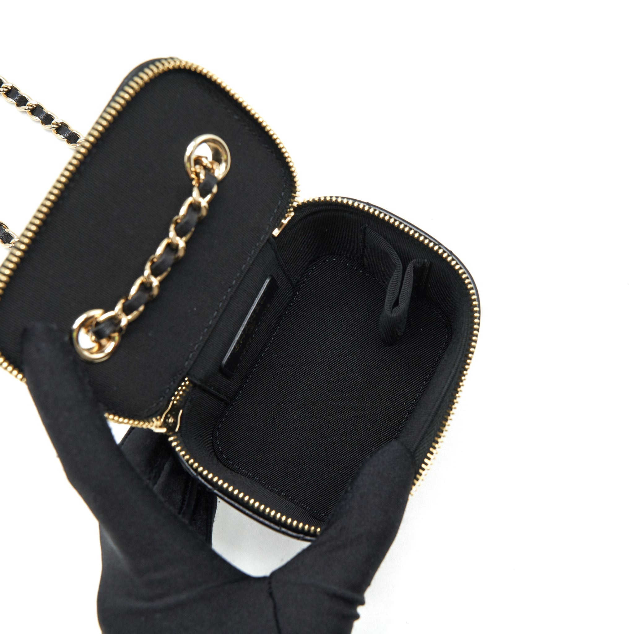CHANEL MINI VANITY WITH CAMELLIA CHAIN LAMBSKIN BLACK LGHW