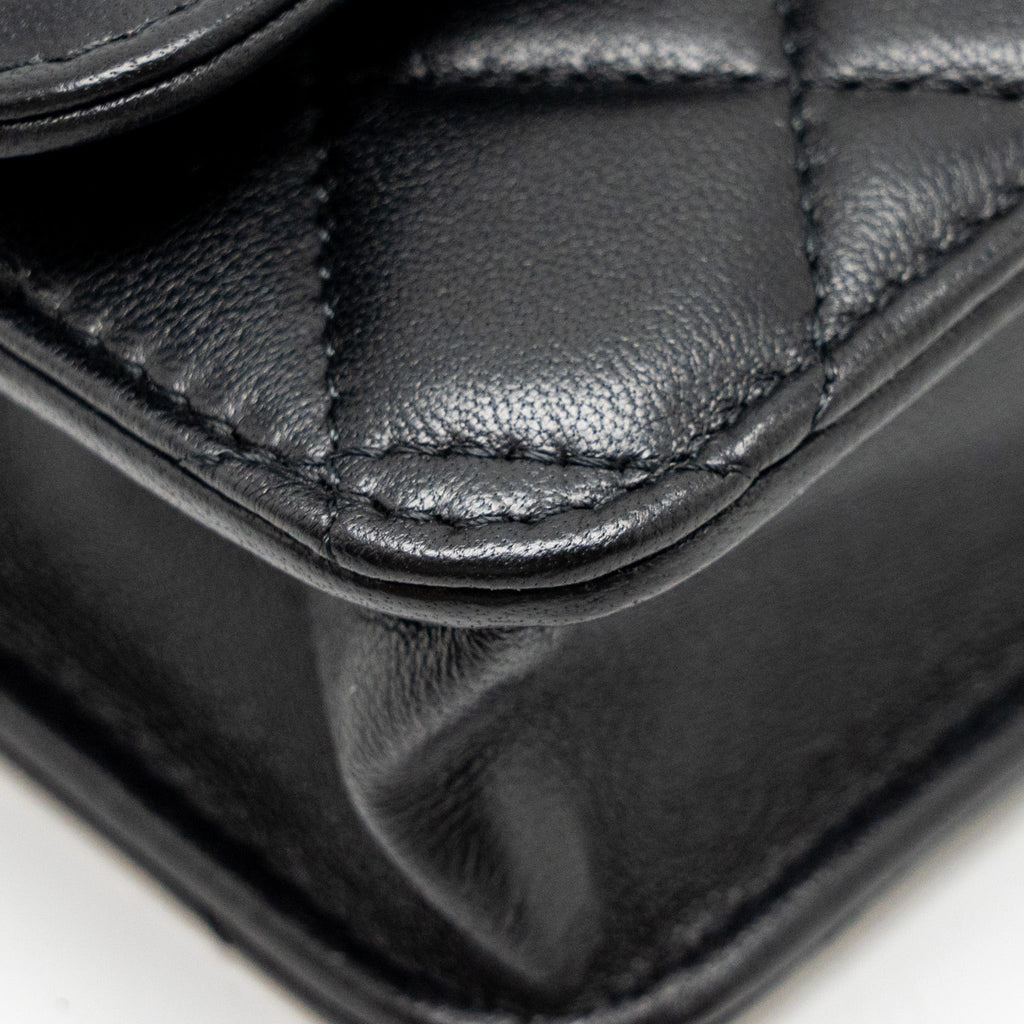 CHANEL PEARL CRUSH MINI FLAP WALLET WITH CHAIN LAMBSKIN BLACK GHW (MICROCHIP)