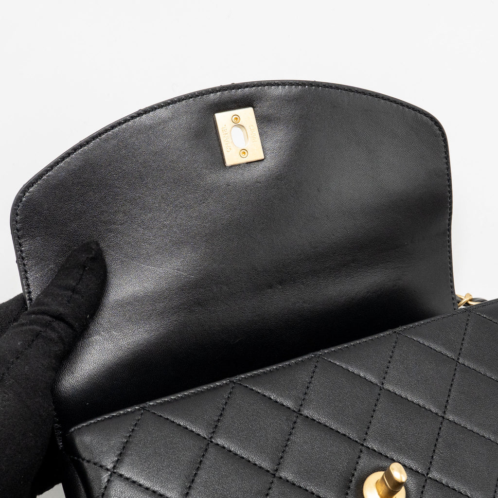 CHANEL MINI TRENDY SPIRIT TOP HANDLE FLAP BAG LAMBSKIN BLACK GHW