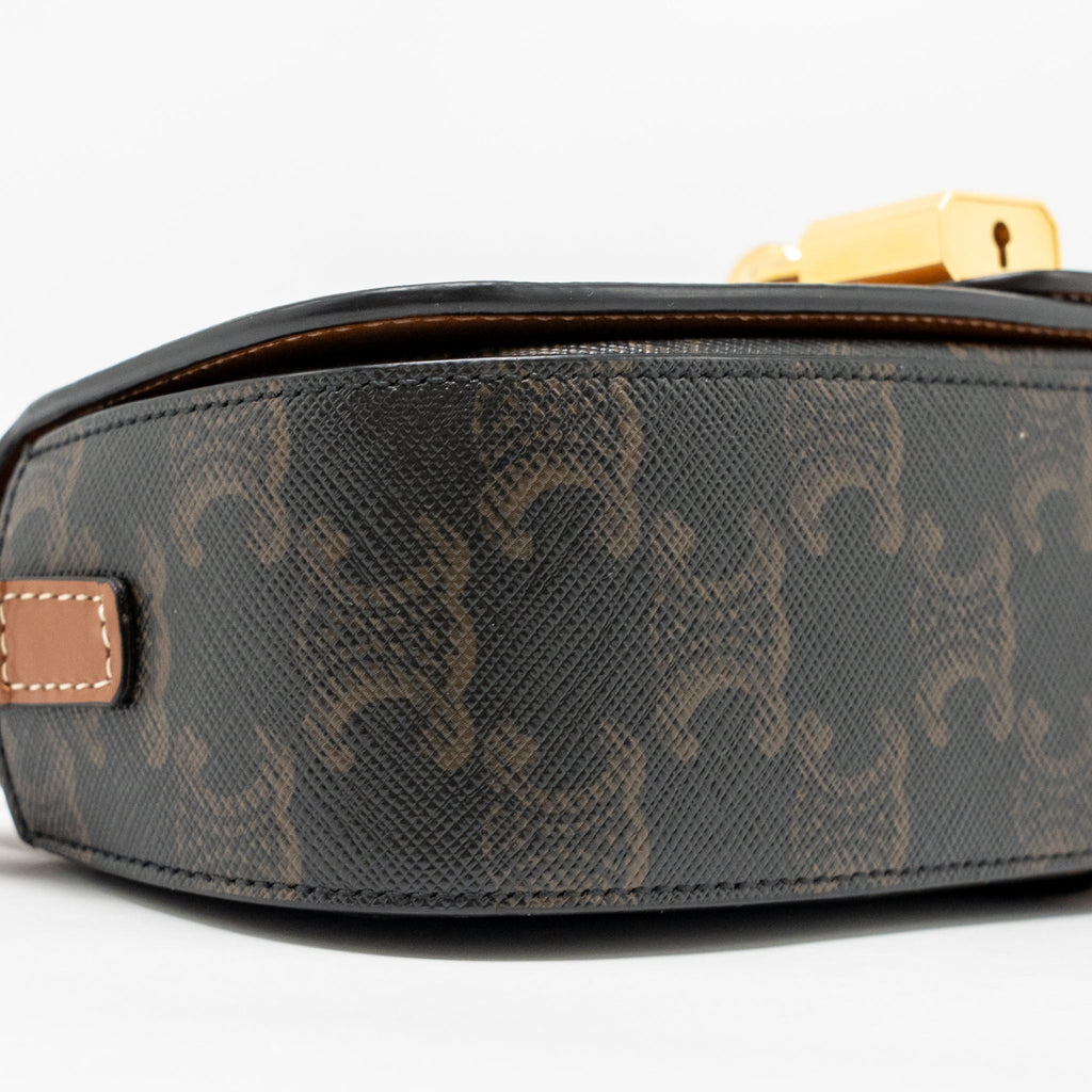 CELINE CLUTCH ON STRAP TABOU TRIOMPHE CANVAS/CALFSKIN TAN GHW
