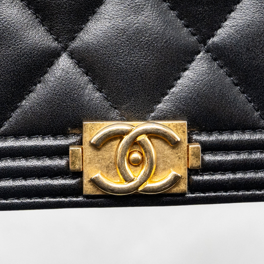 CHANEL BOY WALLET ON CHAIN LAMBSKIN BLACK BRUSHED GHW